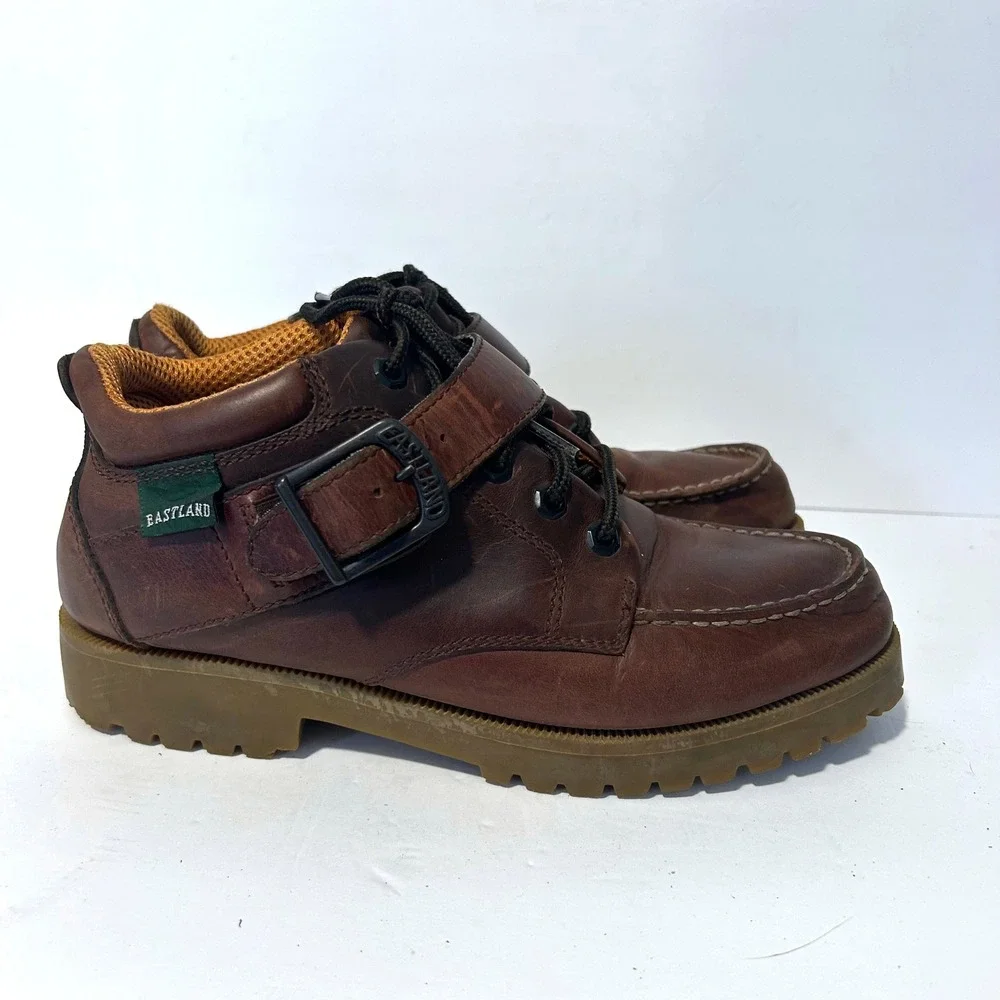 Vtg Eastland Brooklyn Moc Toe Boots Mens 9.5 Brown Buckle Strap Lug Sole Y2K